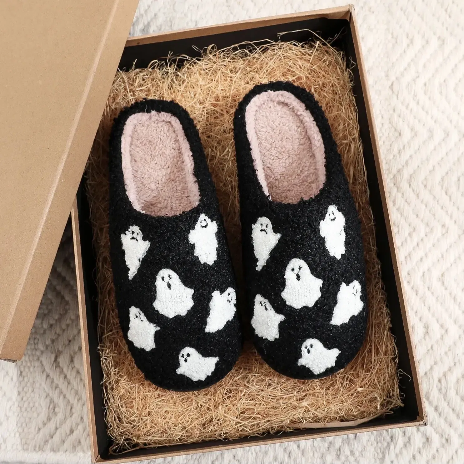 Color: black, Shoe Size: 42 - Halloween Ghost Pattern Black Cotton Slippers Non-slip Thick Sole Lightweight stuffed Slippers Holiday Gift