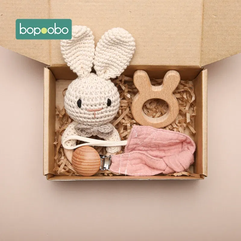 Color: SKY BLUE - Bopoobo 3PCS/5PCS Crochet Bunny Baby Teether Rattle Animal Beech Wood Teether Pacifier Chain Crochet Rattle For Newborn Baby