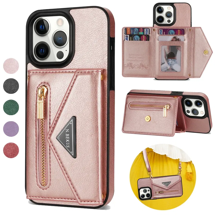 Color: Blue, Material: PC + TPU - Wallet Side Card Zipper Flip Crossbody Leather Case For iPhone 15 14 Pro Max 13 Mini 12 11 SE 2022 2020 X XS XR 8 7 6 6s Plus