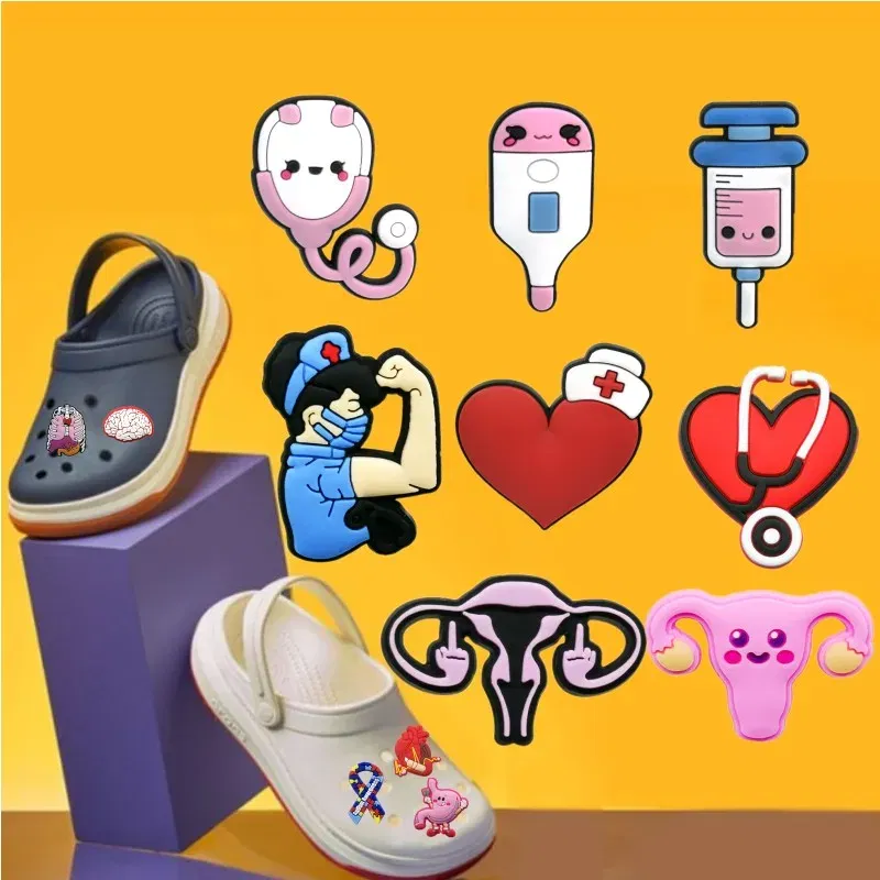 Color: Khaki - 1pcs Medical Clog Accessories Stethoscope Syringe Gibit Shoe Charm Clog Pins Teeth Uterus Nurse Clips Jeans Girl Women Gift