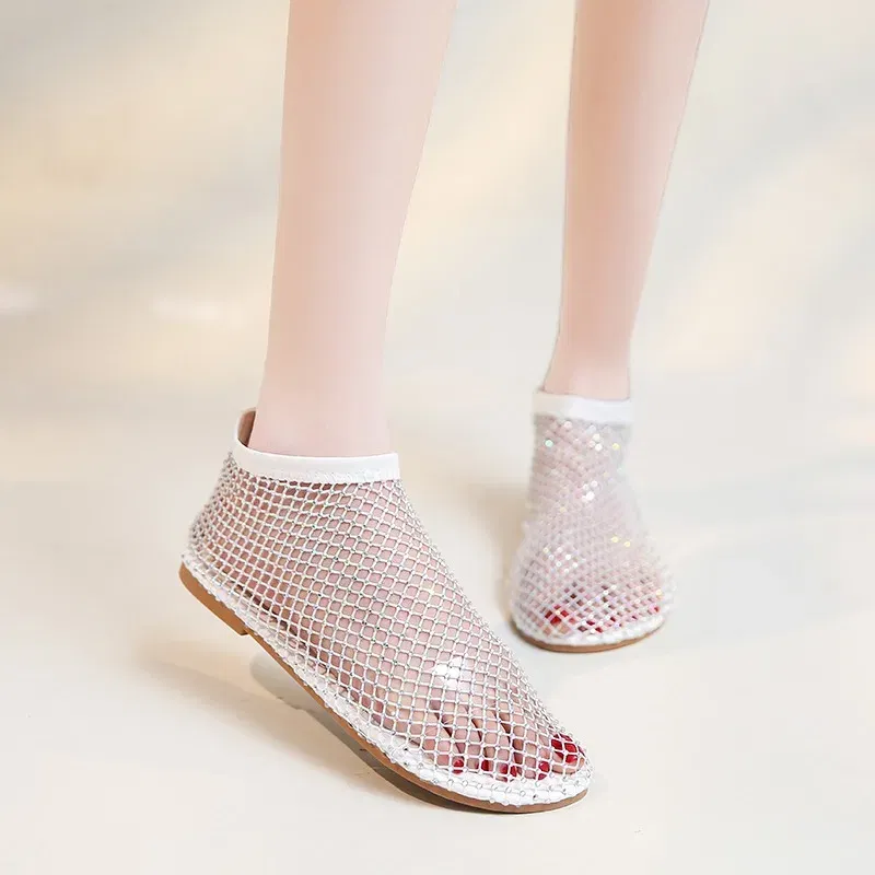 Color: Blue, Shoe Size: 35 - Women Summer New Fashion Mesh Luxurious Rhinestone Designer Simple Solid Color Sandals Daily Versatile Round Toe Womens Sandal
