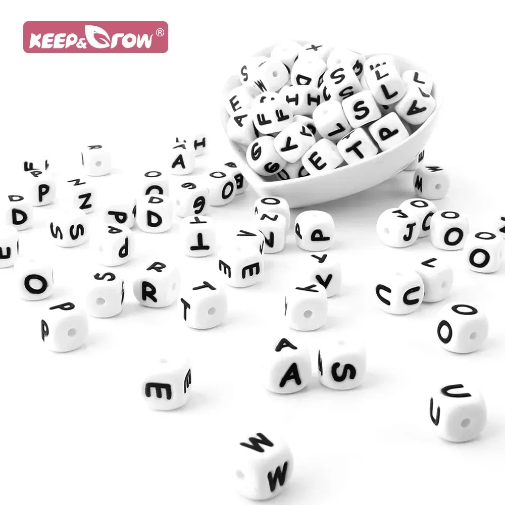 Color: GRAY - 100Pcs Baby Teether 12mm Silicone Letters Beads Pacifier Clip Chain Personalized Name Letter Beads Teething Nursing Toy BPA Free