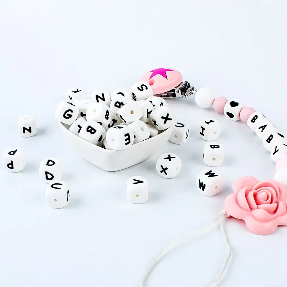 Color: GRAY - 100Pcs Baby Teether 12mm Silicone Letters Beads Pacifier Clip Chain Personalized Name Letter Beads Teething Nursing Toy BPA Free