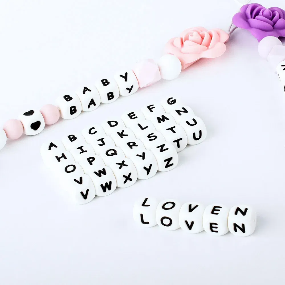 Color: GRAY - 100Pcs Baby Teether 12mm Silicone Letters Beads Pacifier Clip Chain Personalized Name Letter Beads Teething Nursing Toy BPA Free