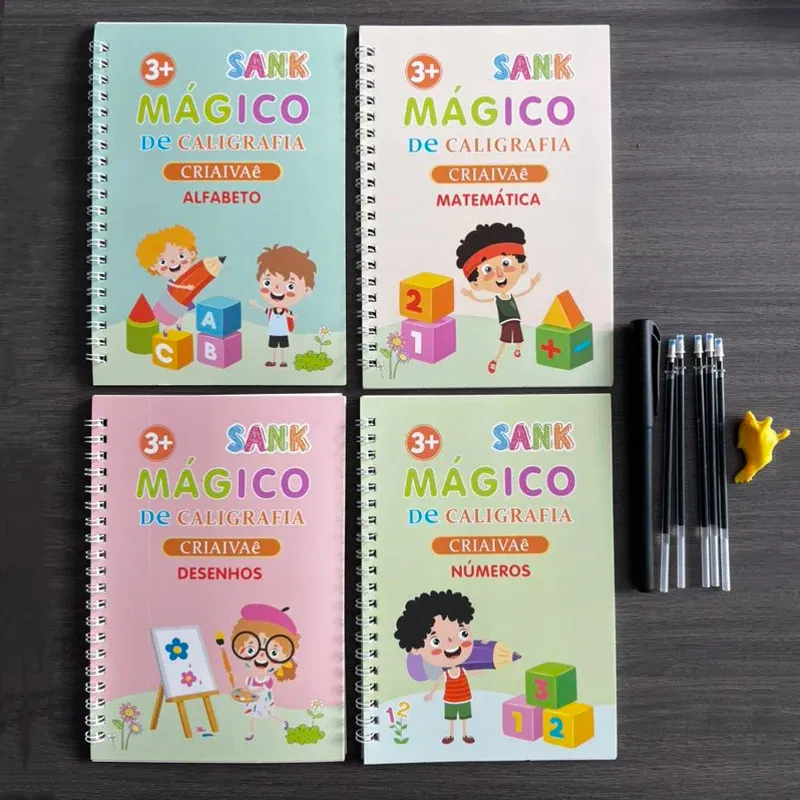 Color: RED - Magic Writing Book in Portuguese Calligraphy Notebook Montessori Kids Reusable Educational Calligraphic Letter Practice Toy
