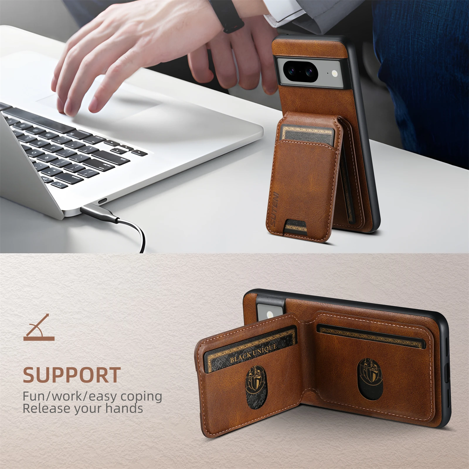 Color: Coffee, Material: EVA - SUTENI Card Holder Leather Pocket Wallet Phone Case Stand For Google Pixel 8A 8Pro 7 7Pro 7A 6 6Pro 6A