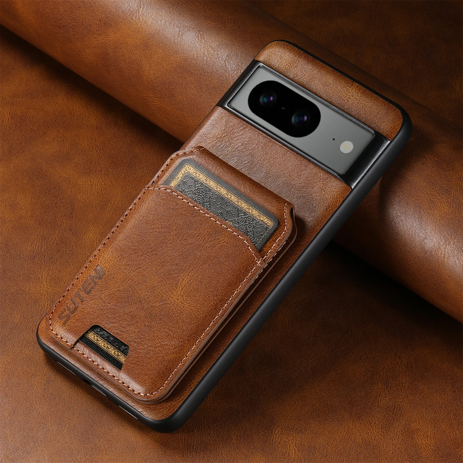 Color: Coffee, Material: EVA - SUTENI Card Holder Leather Pocket Wallet Phone Case Stand For Google Pixel 8A 8Pro 7 7Pro 7A 6 6Pro 6A