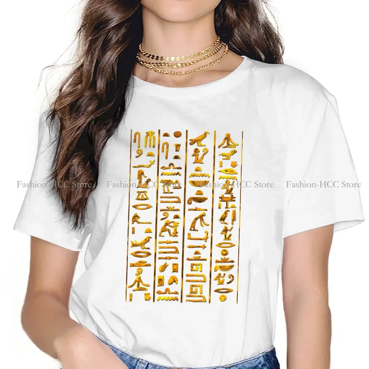 Color: WHITE, Size: L - Ancient Egypt Culture Polyester TShirts Hieroglyphs Gold On Black Distinctive Women's T Shirt Funny Tops
