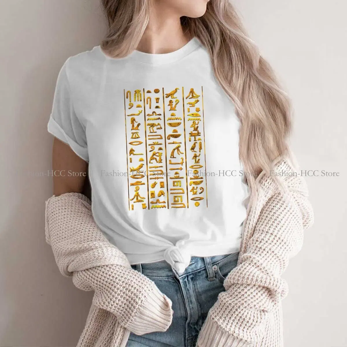 Color: WHITE, Size: L - Ancient Egypt Culture Polyester TShirts Hieroglyphs Gold On Black Distinctive Women's T Shirt Funny Tops