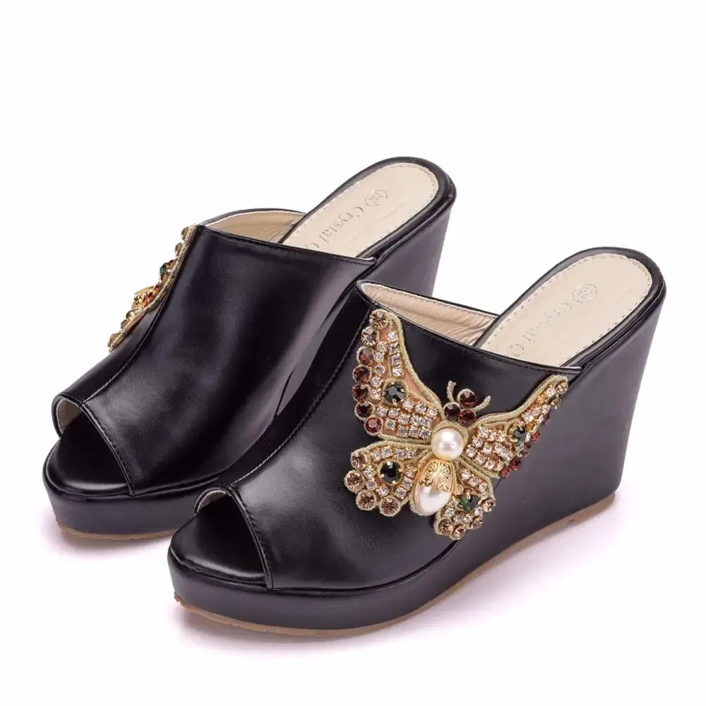 Color: black, Shoe Size: 39 - Crystal Queen 10cm Peep Toe Platform Wedges Slippers High Heels Beach Sandals Women