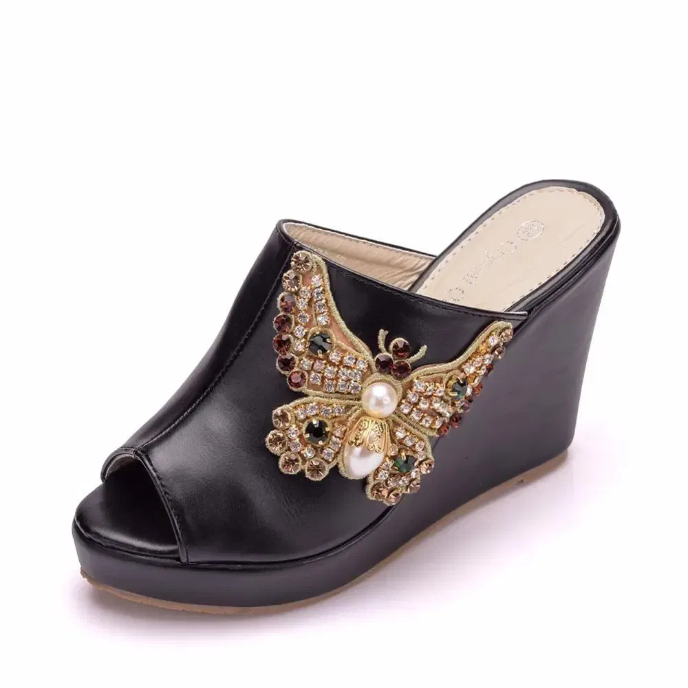 Color: black, Shoe Size: 39 - Crystal Queen 10cm Peep Toe Platform Wedges Slippers High Heels Beach Sandals Women