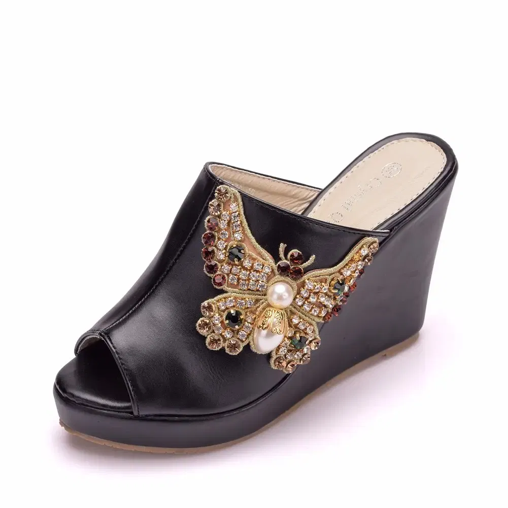 Color: black, Shoe Size: 39 - Crystal Queen 10cm Peep Toe Platform Wedges Slippers High Heels Beach Sandals Women