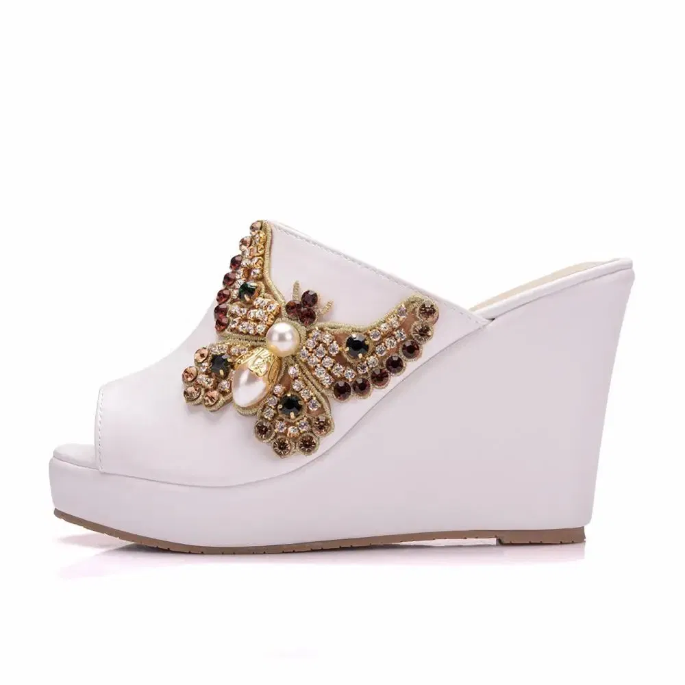 Color: black, Shoe Size: 39 - Crystal Queen 10cm Peep Toe Platform Wedges Slippers High Heels Beach Sandals Women