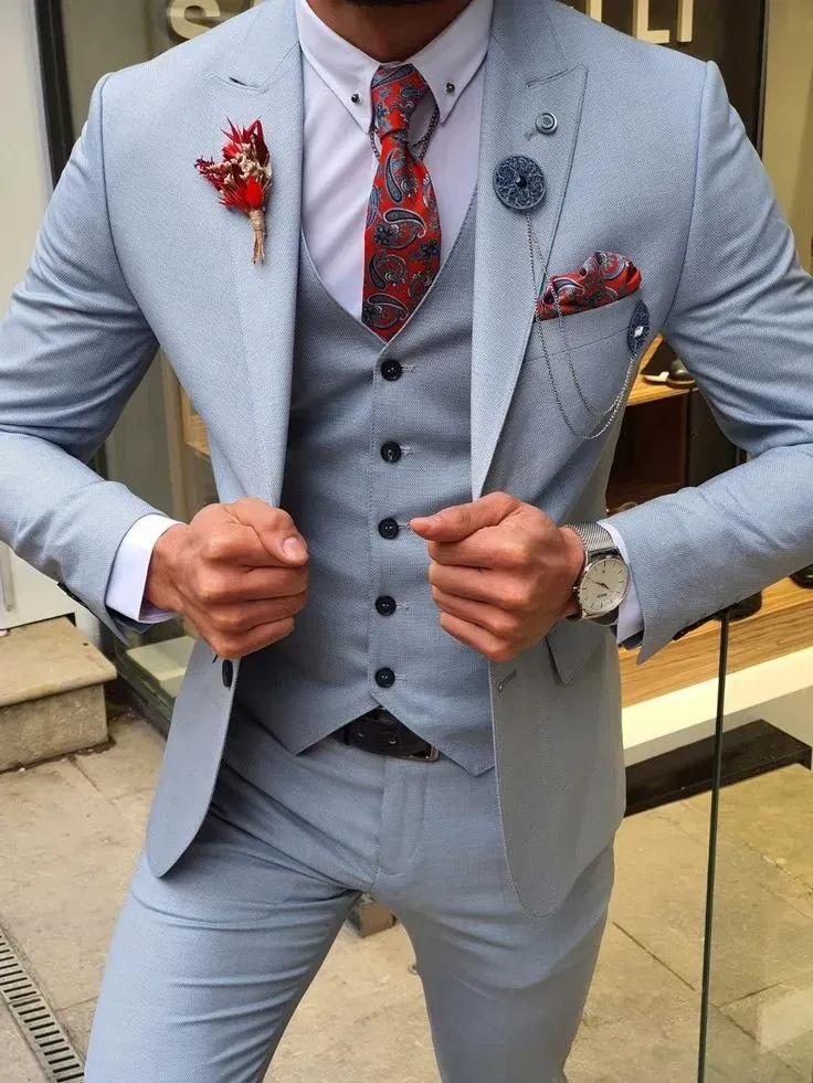 Color: Blue, Size: S, Ships From: CHINA - 3 Pieces New White Men's Suit 2022 Peak Lapel Slim Fit Casual Tuxedos Groom Tailor Made Terno Masculino (Blazer+Pants+Vest)