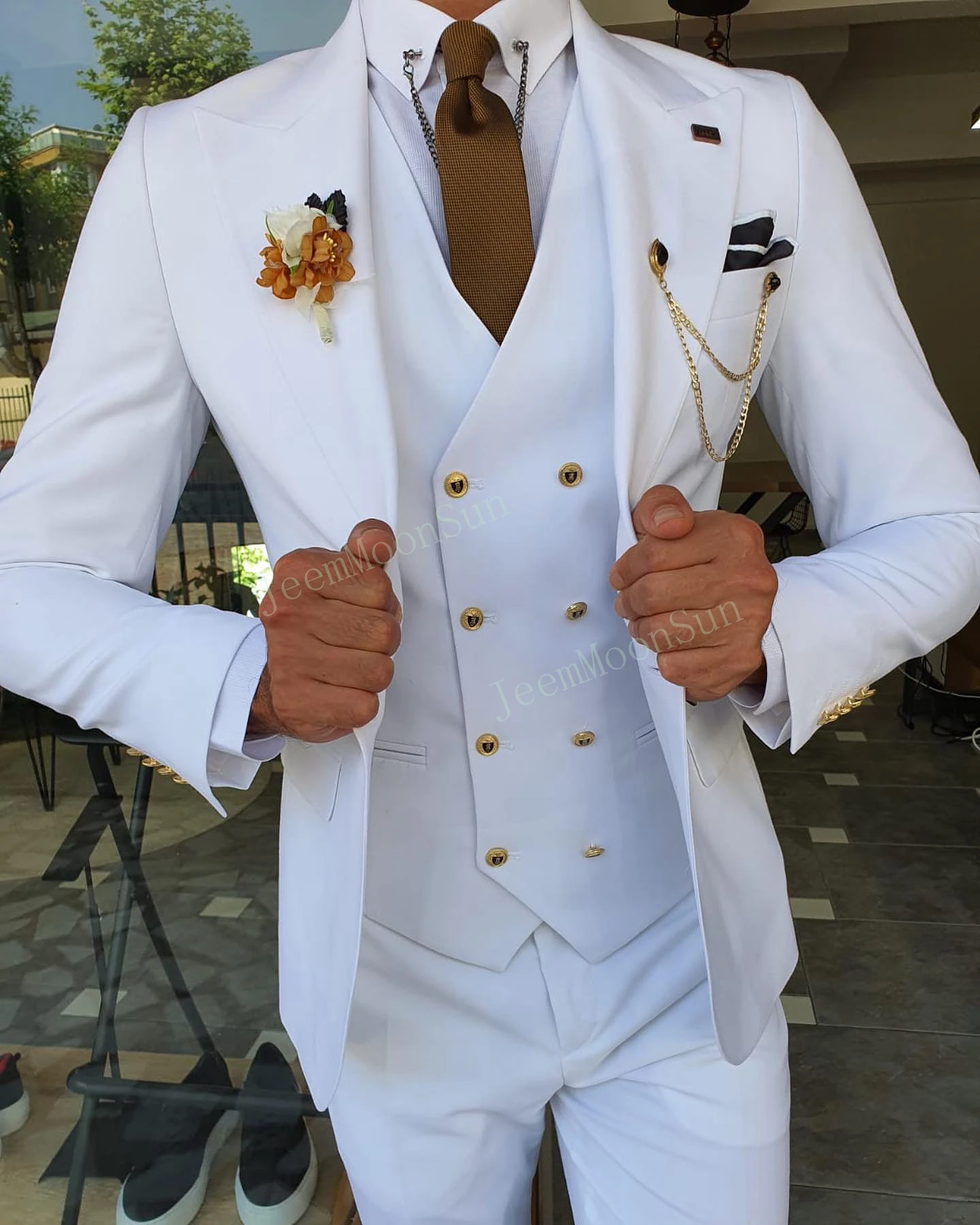 Color: Blue, Size: S, Ships From: CHINA - 3 Pieces New White Men's Suit 2022 Peak Lapel Slim Fit Casual Tuxedos Groom Tailor Made Terno Masculino (Blazer+Pants+Vest)