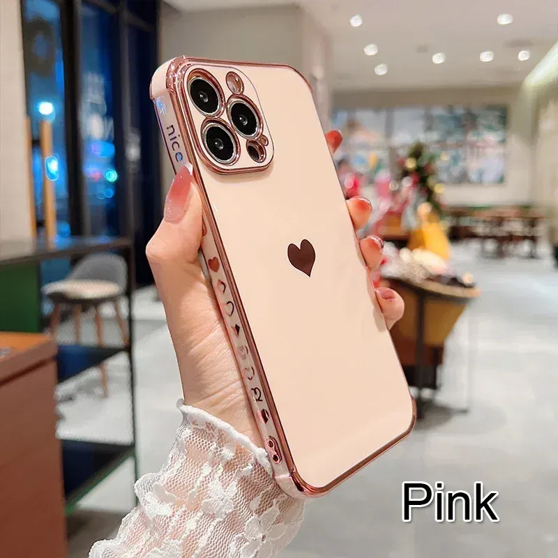 Color: Khaki, Compatible-Phone Models: For iPhone 12 Pro, Ships From: CN - Electroplating Side Love Heart Phone Case For IPhone 16 15 14 13 12 11 Pro Max XR 8 Plus SE2/SE3 Shockproof Back Cover