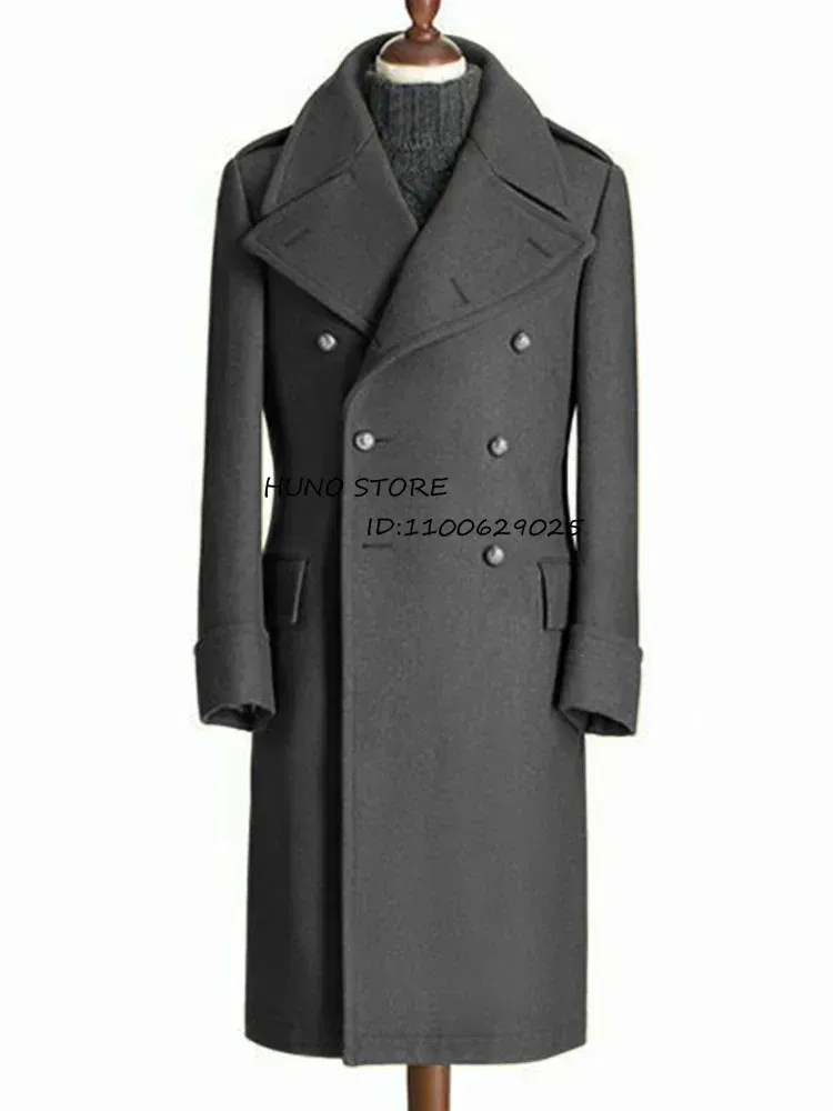 Color: Dark Grey, Size: L - Windbreak Men's Jacket Wool Long Coat Lapel Double Breasted Men's Trench Coats Windbreakers Jackets Man Winter 2023 Martens Male