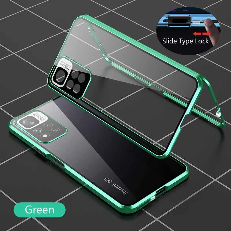 Color: Blue, Bundle: Case & Screen Protector, Material: CANVAS - Full Protection Case Metal Magnetic Double Sided Glass Snap Lock Case For XiaoMi Redmi Note 13 Pro Plus 5G Bumper Phone Cover