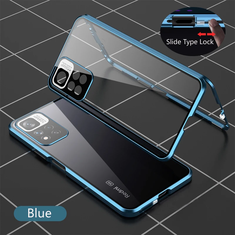 Color: Blue, Bundle: Case & Screen Protector, Material: CANVAS - Full Protection Case Metal Magnetic Double Sided Glass Snap Lock Case For XiaoMi Redmi Note 13 Pro Plus 5G Bumper Phone Cover