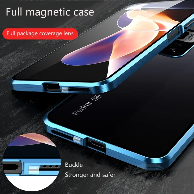 Color: Blue, Bundle: Case & Screen Protector, Material: CANVAS - Full Protection Case Metal Magnetic Double Sided Glass Snap Lock Case For XiaoMi Redmi Note 13 Pro Plus 5G Bumper Phone Cover