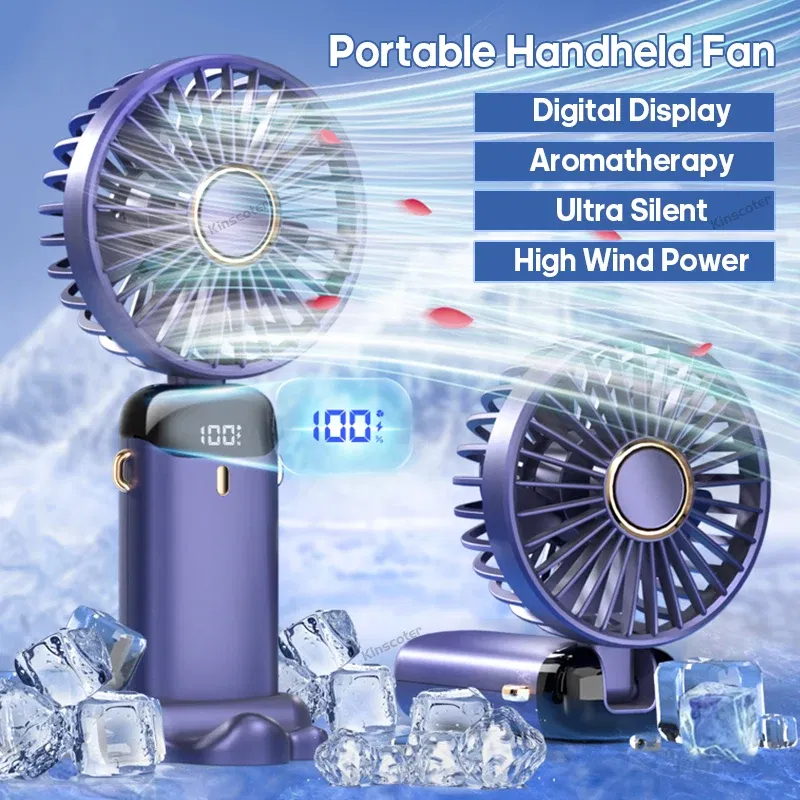 Color: Light Grey - USB Handheld Mini Fan Foldable Portable Neck Hanging Fans 5 Speed USB Rechargeable Fan with Phone Stand and Display Screen