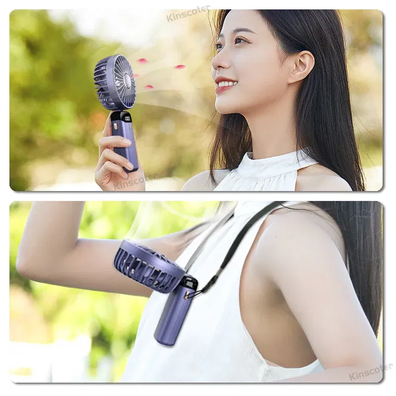 Color: Light Grey - USB Handheld Mini Fan Foldable Portable Neck Hanging Fans 5 Speed USB Rechargeable Fan with Phone Stand and Display Screen