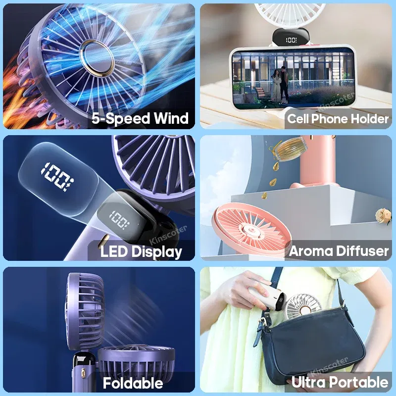 Color: Light Grey - USB Handheld Mini Fan Foldable Portable Neck Hanging Fans 5 Speed USB Rechargeable Fan with Phone Stand and Display Screen