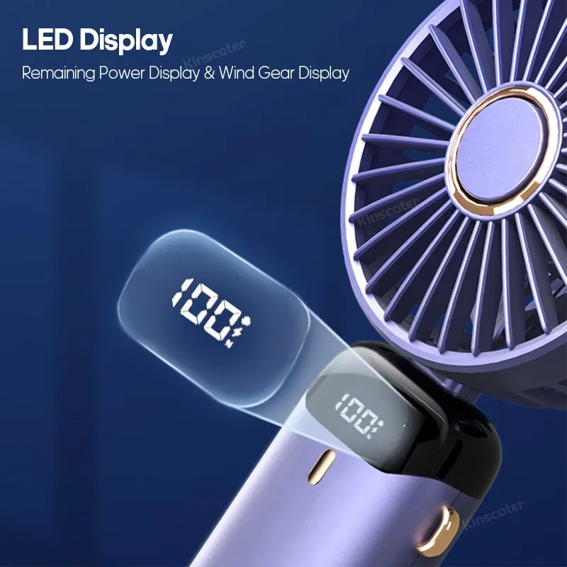 Color: Light Grey - USB Handheld Mini Fan Foldable Portable Neck Hanging Fans 5 Speed USB Rechargeable Fan with Phone Stand and Display Screen