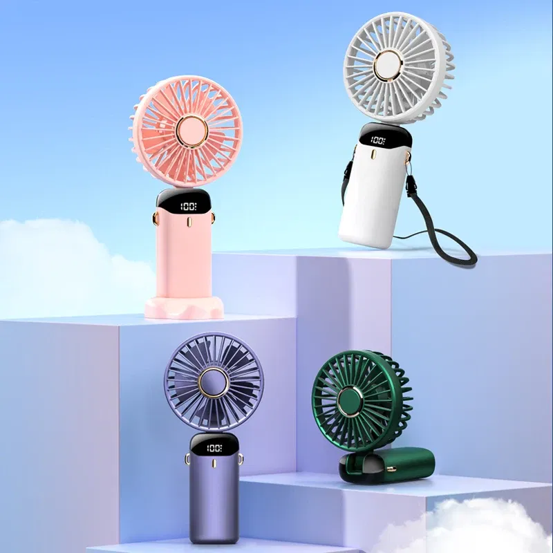 Color: Light Grey - USB Handheld Mini Fan Foldable Portable Neck Hanging Fans 5 Speed USB Rechargeable Fan with Phone Stand and Display Screen