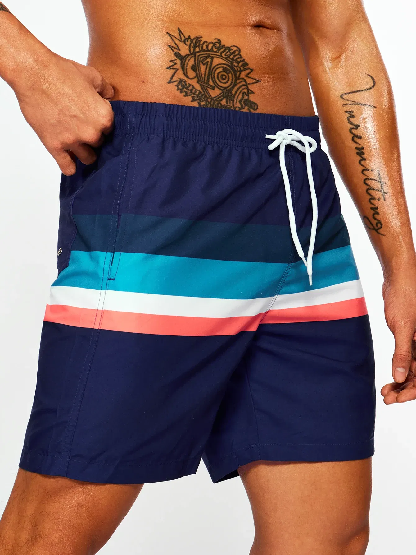 Color: MULTI, Size: XXL - Men's Navy Bottom Stripe Insert Print Beach Pants