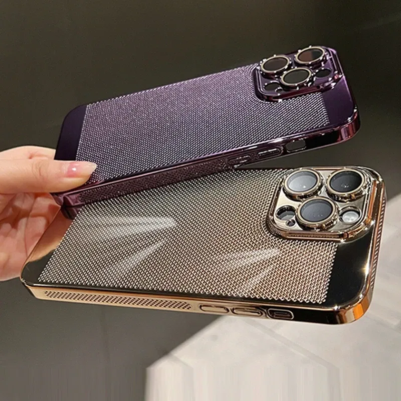 Color: Pink, Material: Carbon Fiber - Luxury Plating Hollowed Out Case for iPhone 12 13 Mini 11 14 Pro Max X XR Xs Max 7 8 Plus Heat Dissipation Shockproof Lens Cover