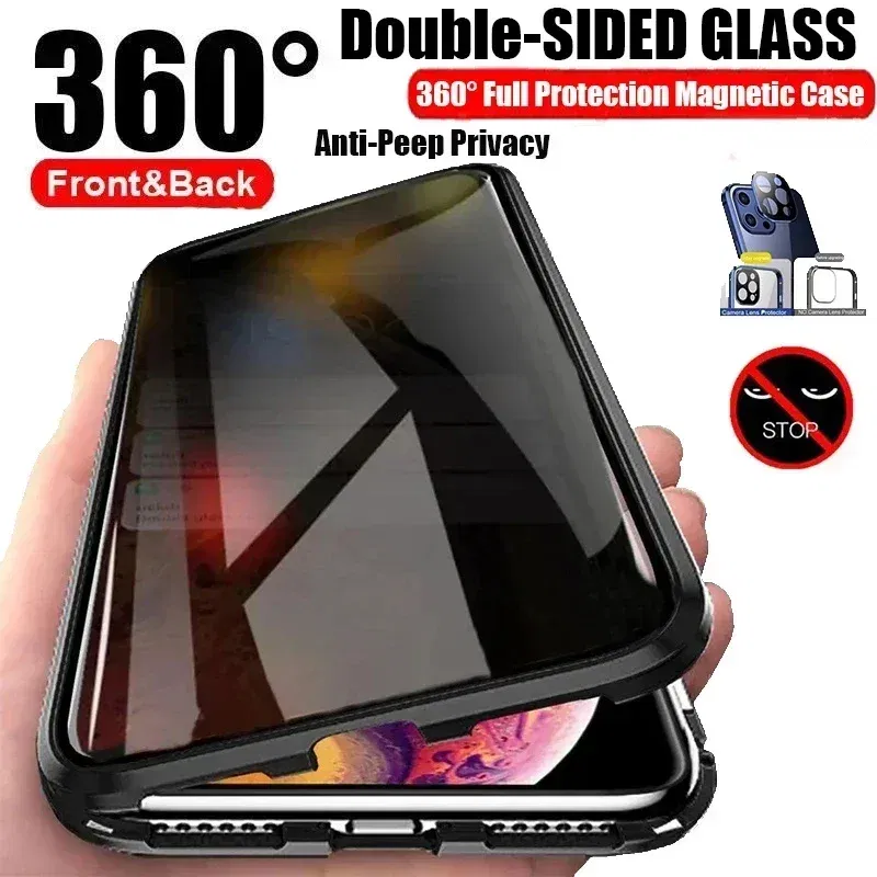 Color: Silver, Material: PC - Double-Sided Privacy Magnetic Case For iPhone 16 12 13 14 15 11 Pro Max 14 Plus 16 Plus Anti Peeping Full Cover Metal Frame Case