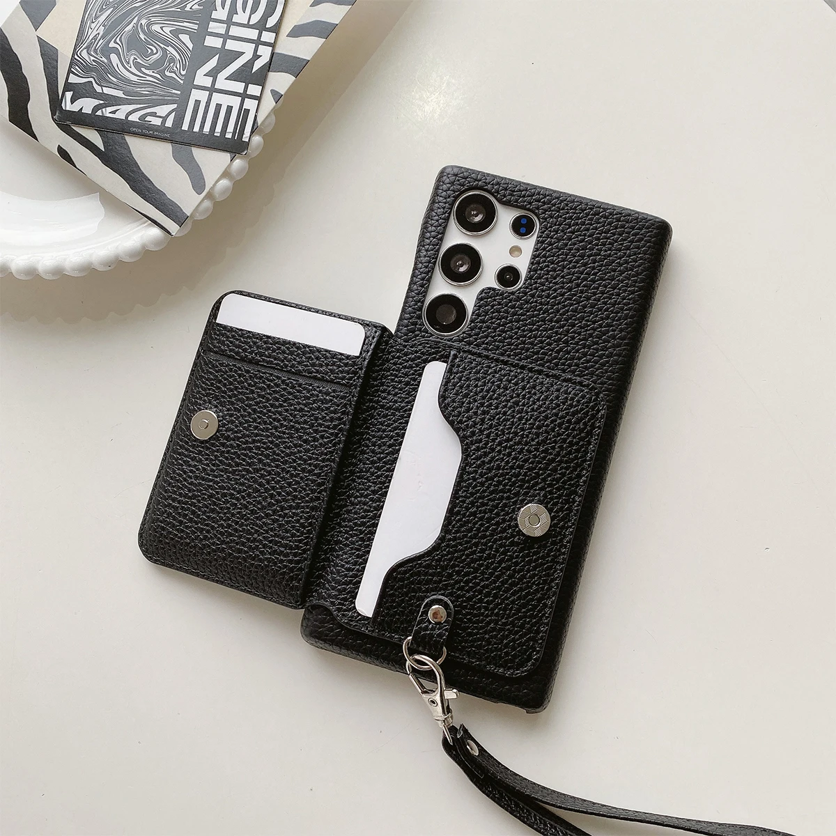 Color: light brown, Material: CANVAS - Luxury Lanyard Wallet Case For Samsung Galaxy S21 FE S22 S23 Plus Note 20 Ultra A52 A53 A54 5G Lichee Pattern Leather Cover