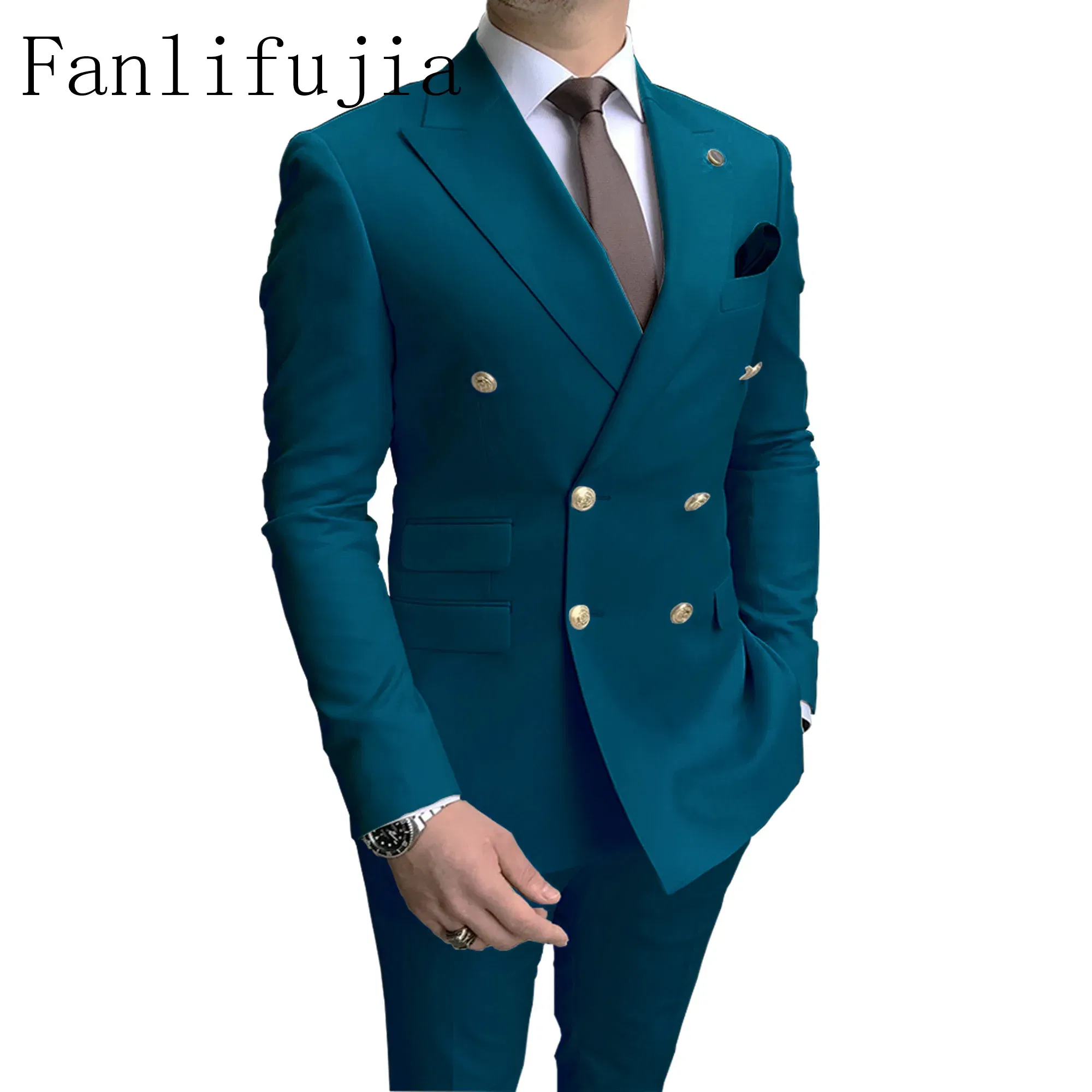 Color: WHITE, Size: S - Fanlifujia Store 2024 Casual Sky Blue Men Suits Double Brested Peak Lapel Gold Button Groom Wedding Tuxedos Best Costume Homme