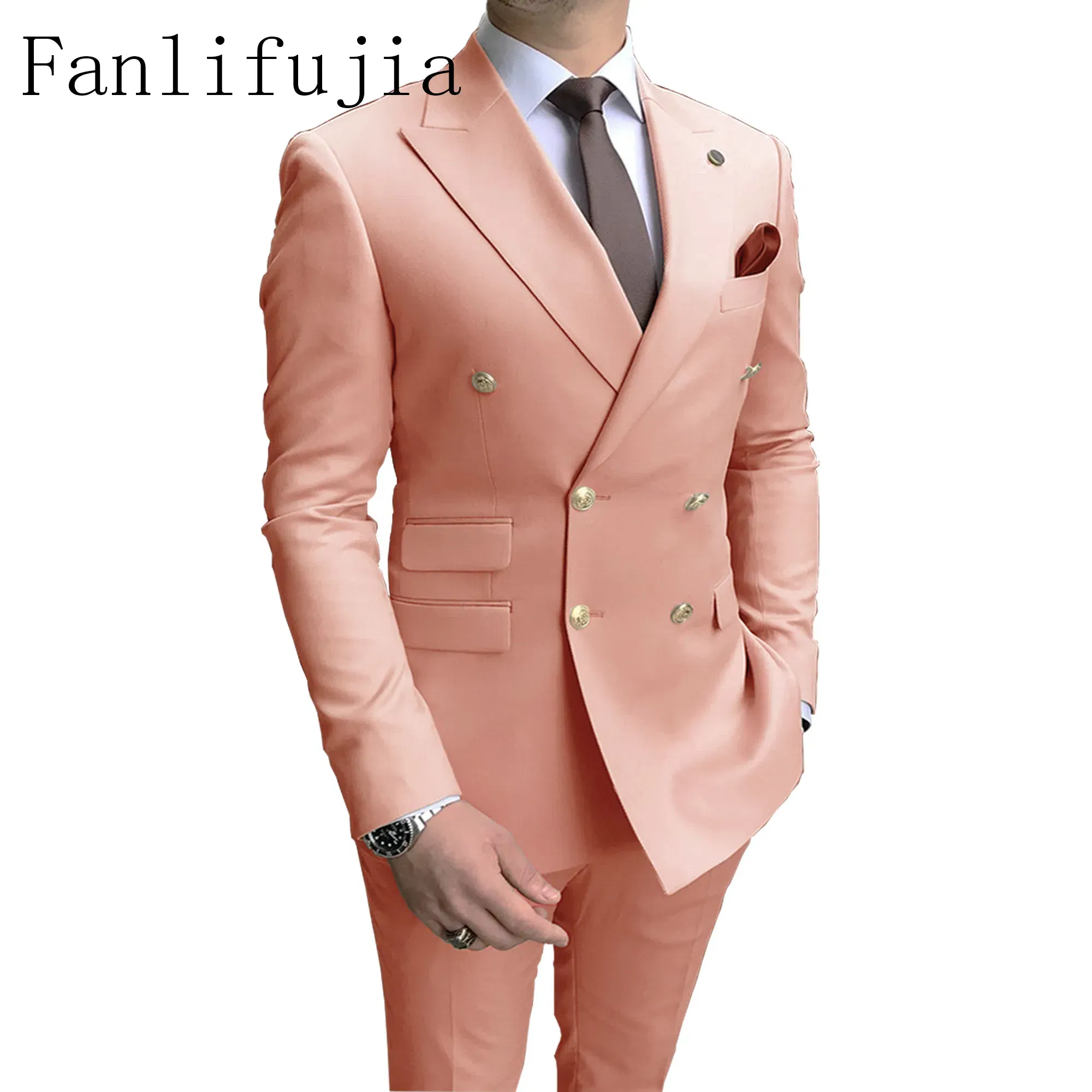 Color: WHITE, Size: S - Fanlifujia Store 2024 Casual Sky Blue Men Suits Double Brested Peak Lapel Gold Button Groom Wedding Tuxedos Best Costume Homme