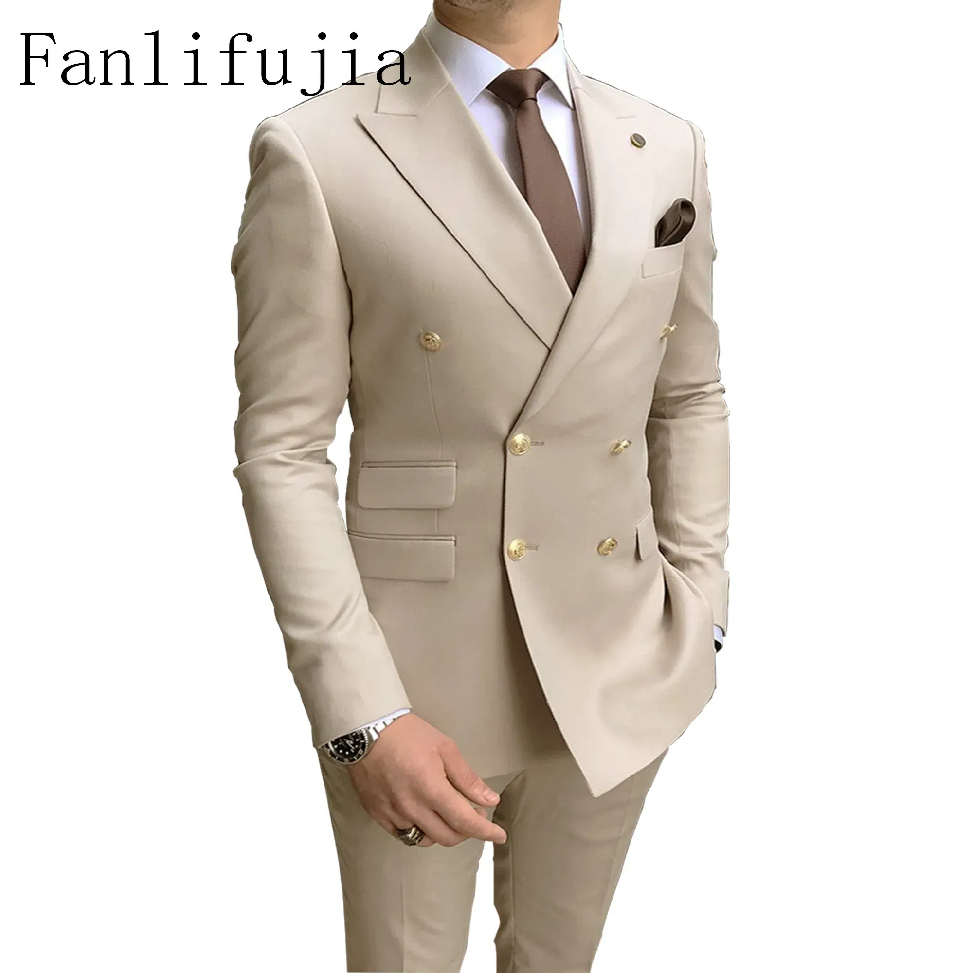 Color: WHITE, Size: S - Fanlifujia Store 2024 Casual Sky Blue Men Suits Double Brested Peak Lapel Gold Button Groom Wedding Tuxedos Best Costume Homme