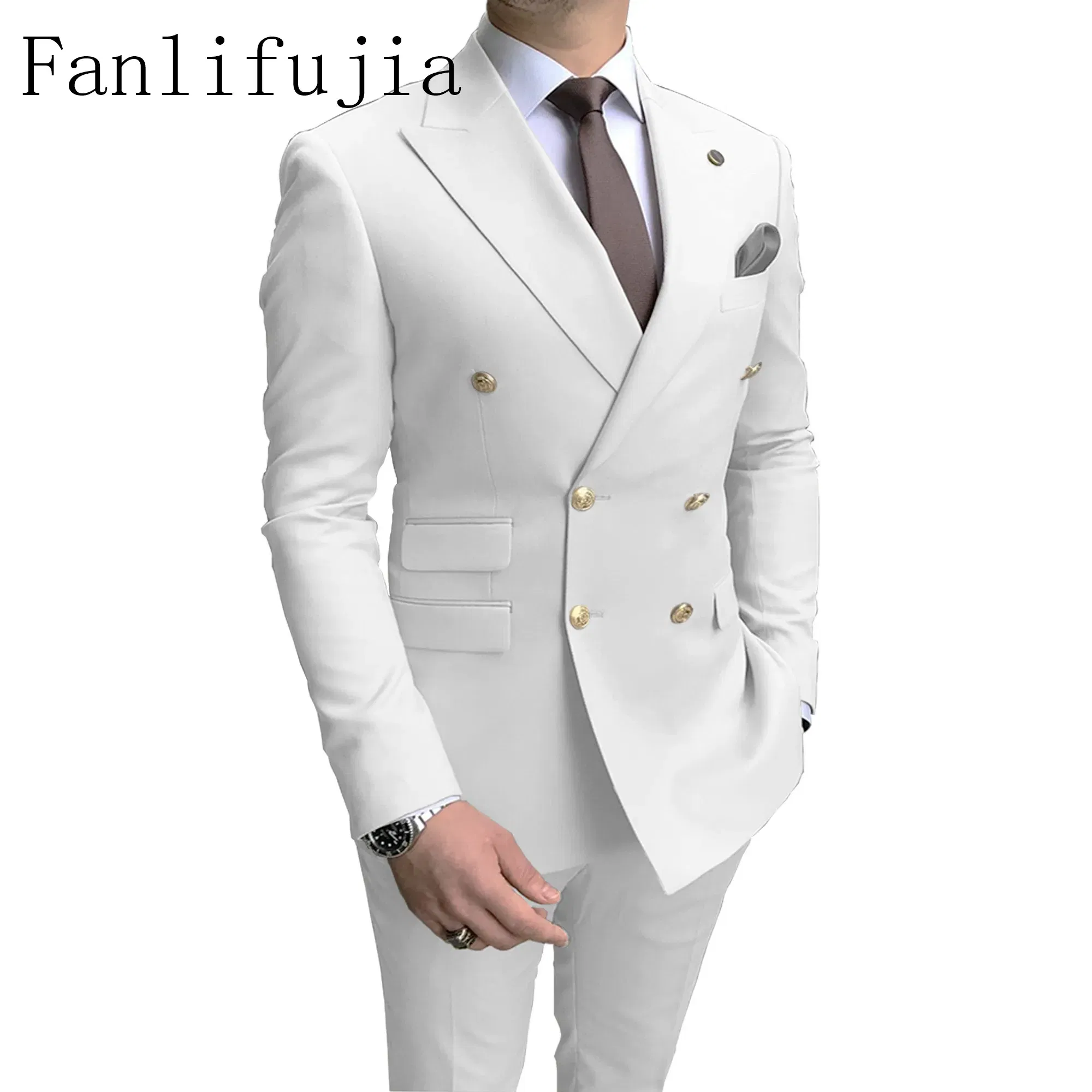 Color: WHITE, Size: S - Fanlifujia Store 2024 Casual Sky Blue Men Suits Double Brested Peak Lapel Gold Button Groom Wedding Tuxedos Best Costume Homme