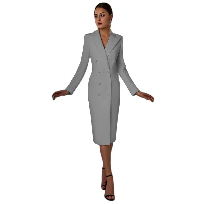 Color: GRAY, Size: L - Women's Suit Long Blazer Double Breasted Jacket White Tuxedo Party Point Lapel Clothes спор?‚ивн?‹й кос?‚юм ?¶?µнск