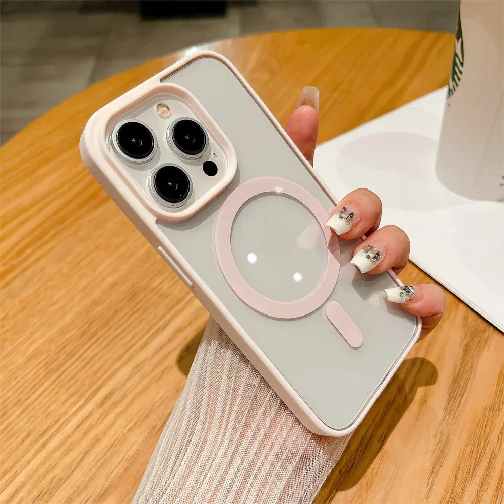 Color: Pink, Material: PE - Luxury Shockproof Magsafe Wireless Charge Case for iPhone 17 Air 16 15 14 Plus 13 12 Mini 11 Pro Max Clear Magnetic Bumper Cover