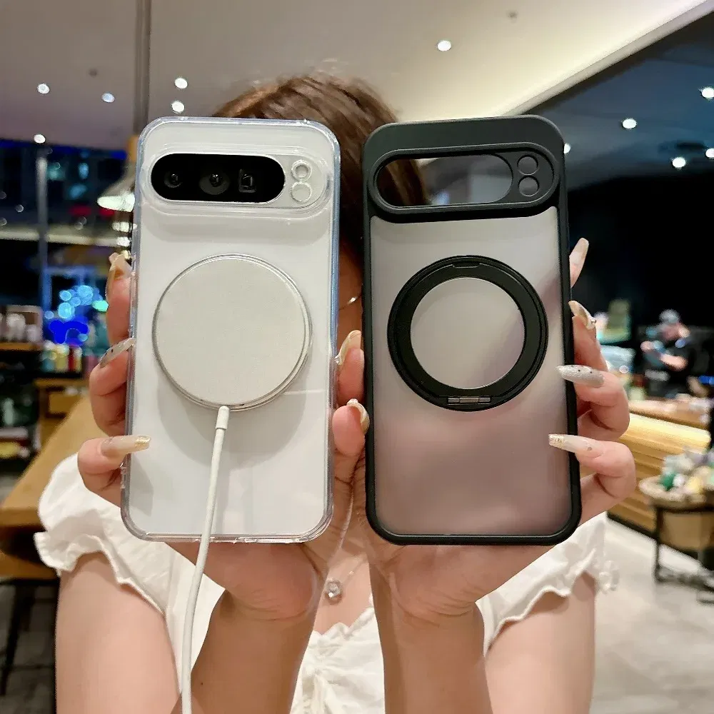 Color: Beige, Compatibility by Model: Google Pixel 6 - for Magsafe Matte Rotating Bracket Case for Google Pixel 10 9 Pro XL 8 7 6 9A 8A 7A 6A Holder Stand Transparent Shockproof Cover