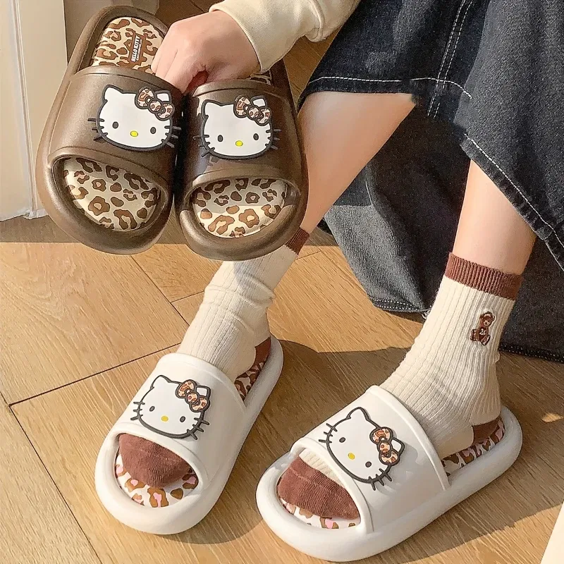 Color: Grape, Shoe Size: 38-39 - Miniso Hello Kitty Cute Leopard Print Slippers Trendy Open-Toe Slide Sandals in Chic Two-Tone Design Comfortable EVA Material