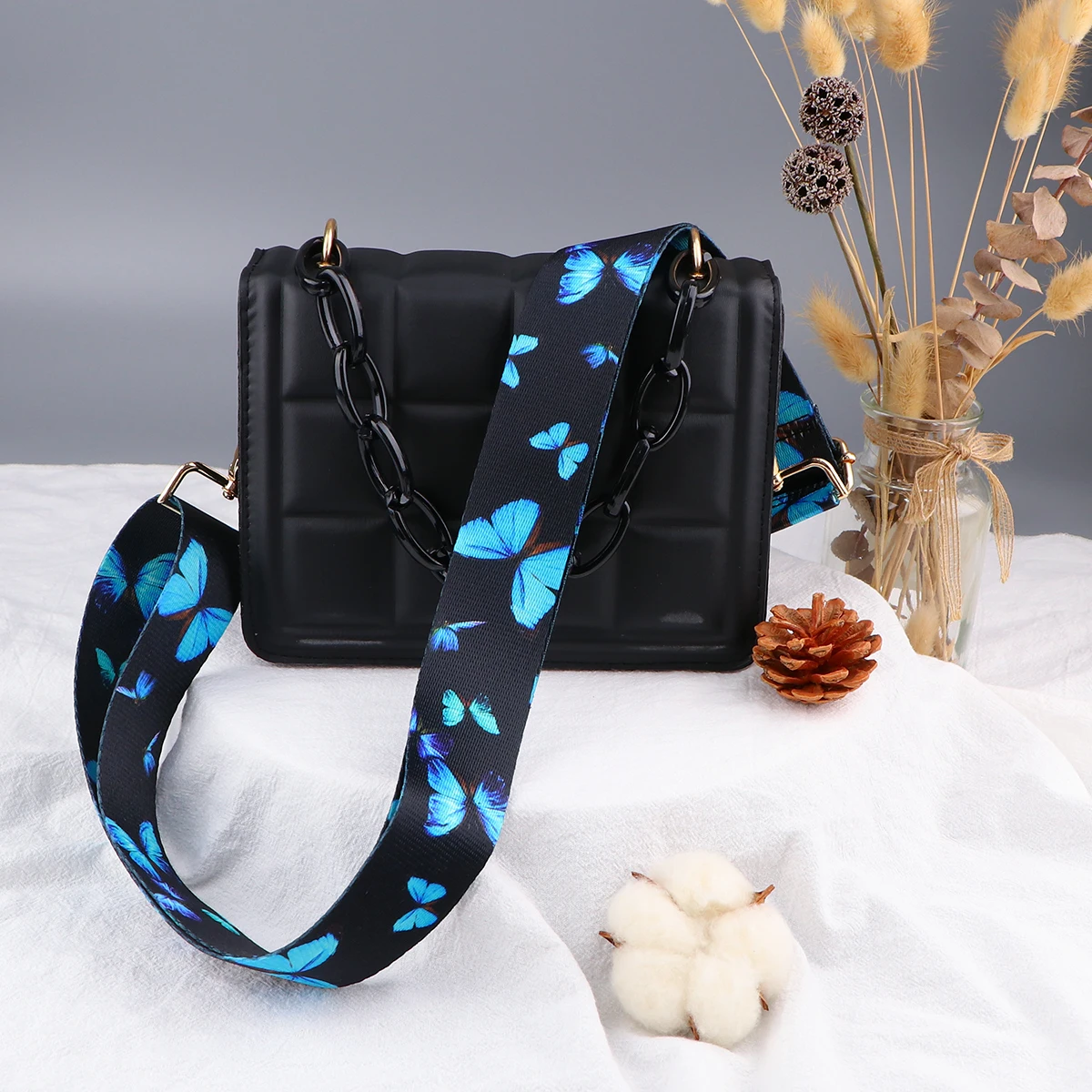 Color: Light Gold - Butterfly Flower Pattern Women Shoulder Messenger Bags DIY Adjustable Nylon Strap Bag Part Accessories Female Handbag Strap