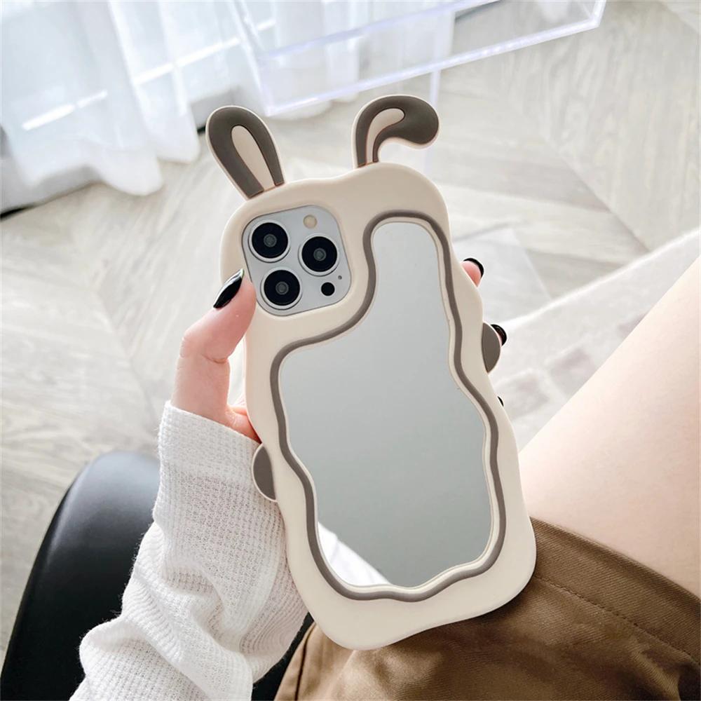 Color: Pink, Material: Nylon - Cute Bunny Ears Mirror Phone Case For iPhone 15 14 Plus 13 12 11 Pro Max Shockproof Silicone Case