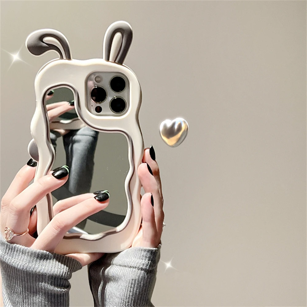Color: Pink, Material: Nylon - Cute Bunny Ears Mirror Phone Case For iPhone 15 14 Plus 13 12 11 Pro Max Shockproof Silicone Case