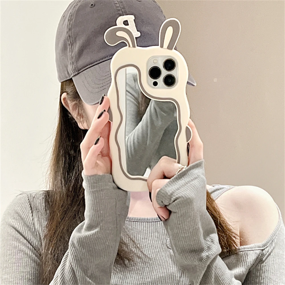 Color: Pink, Material: Nylon - Cute Bunny Ears Mirror Phone Case For iPhone 15 14 Plus 13 12 11 Pro Max Shockproof Silicone Case