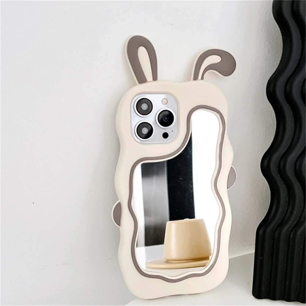 Color: Pink, Material: Nylon - Cute Bunny Ears Mirror Phone Case For iPhone 15 14 Plus 13 12 11 Pro Max Shockproof Silicone Case