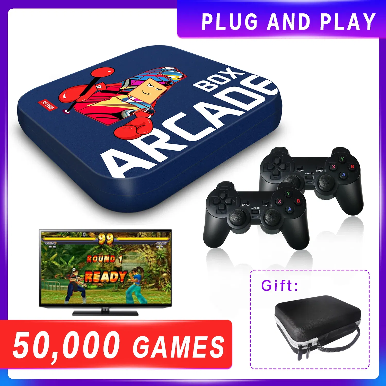 Color: Blue, Bundle: Bundle 4 - Arcade Box Retro Game Console for PS1/PSP/N64 Built-in 50 Emulator Video Game Console TV Box Classic Game Box with Controller