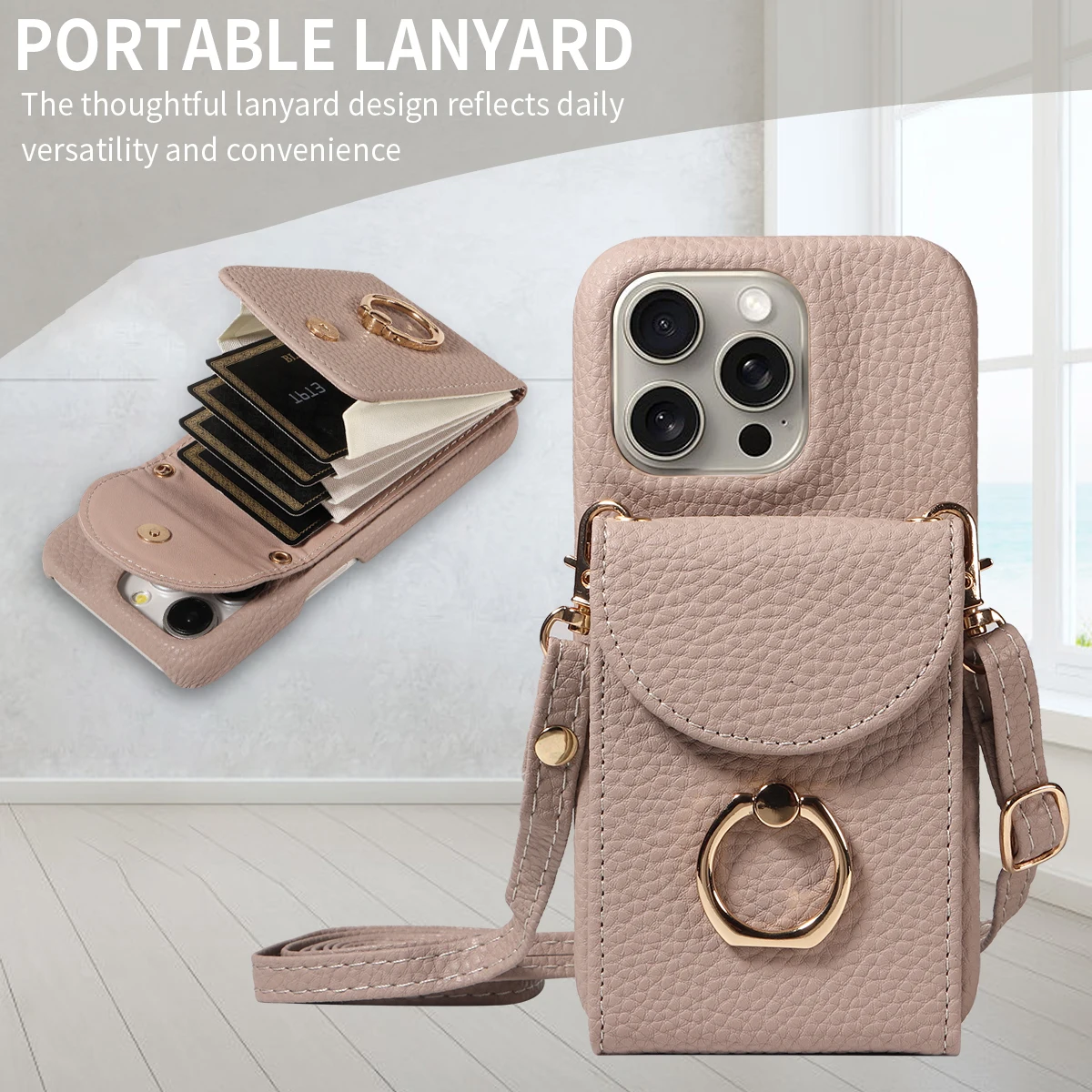 Color: Khaki, Compatible-Phone Models: For iPhone 16 Pro Max, Bundle: Case & Strap, Material: Artificial Leather - High Quality Ring Stand Lychee Pattern Phone Case for IPhone16promax15 14 13 Crossbody with Lanyard PU Leather Anti-fall Cover