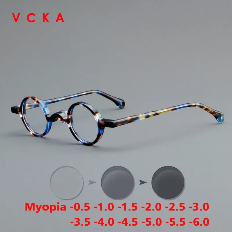 Frame Color: Emerald Green, Eye Prescription: +300 - VCKA Photochromic Acetate Myopia Glasses Men Retro Small Round Frames Women Custom prescription Anti-Blue Eyewear -0.5 TO -10