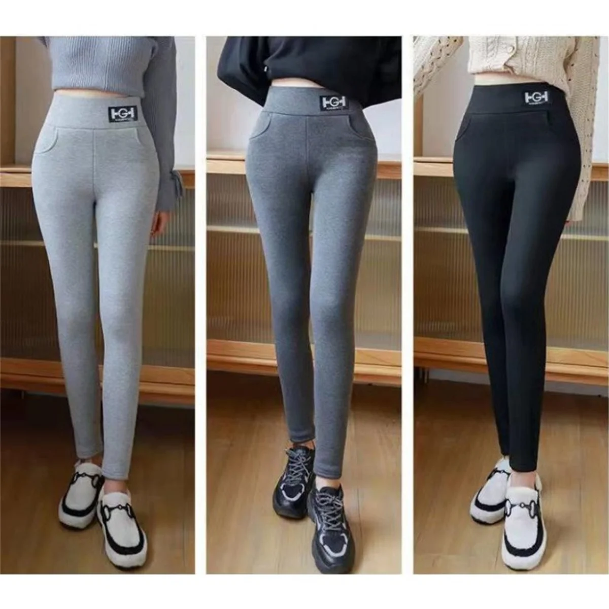 Color: SKY BLUE, Size: XL - Winter Women Leggings Solid Warm Leggings Thicken Lambwool Hight Waist Fleece Keep Butt Lift High Stretchy Walking Pants Pocket